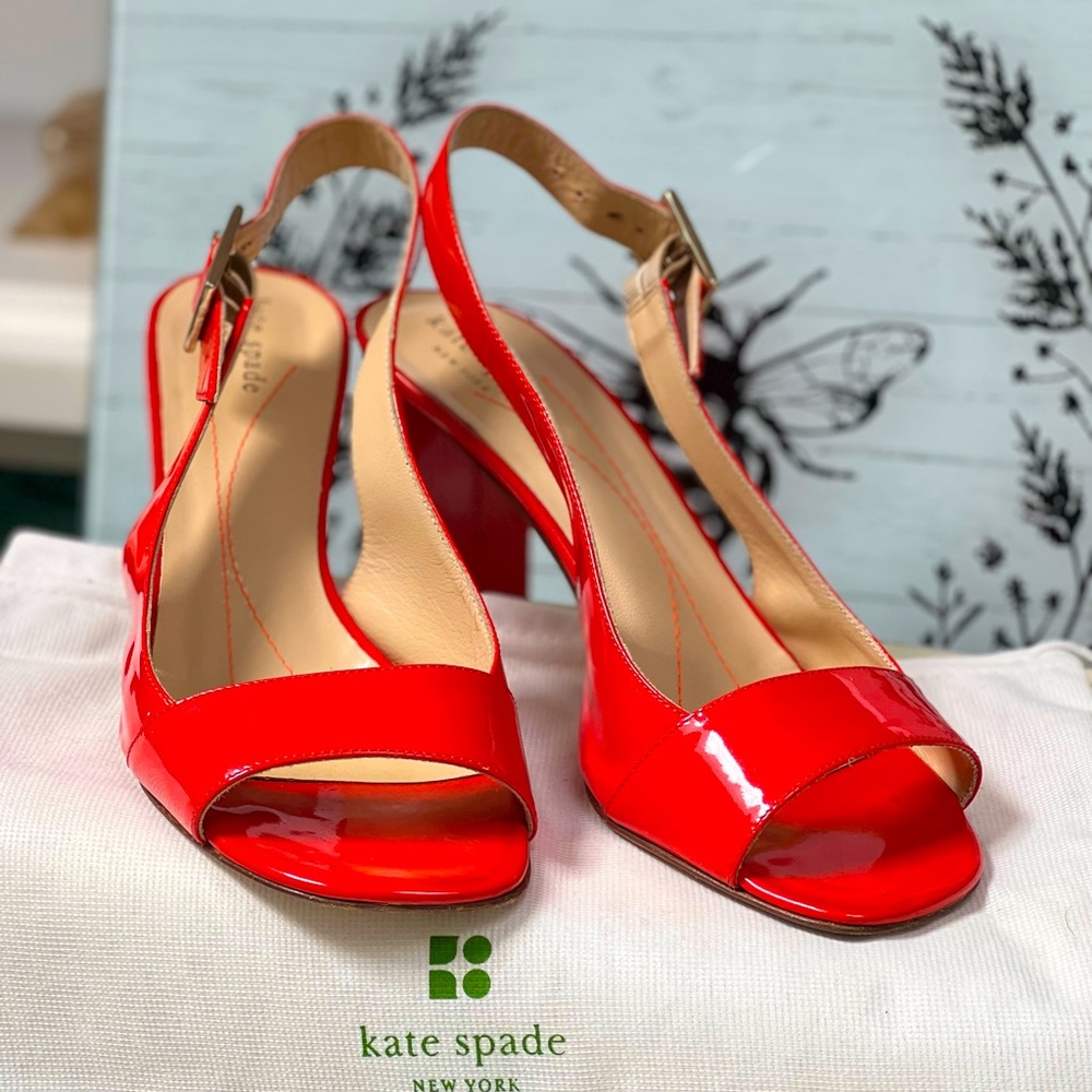 Kate Spade Bright Orange Patent Sling Sandals.